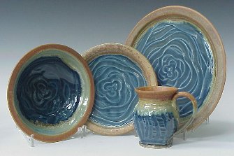 Bowl, Salad Plate, Dinner Plate & Small Mug using Flower Pattern & Vertical Pattern in Transparent Cobalt Blue